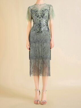 Sage Green Beaded Floral Fringe 1920s Inspired Dress
